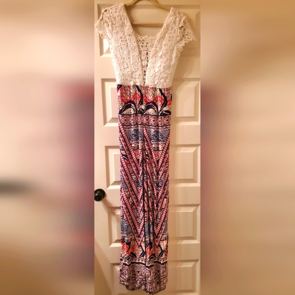 Lace top peekaboo Soieblu funky pants pattern jumpsuit worn 1x